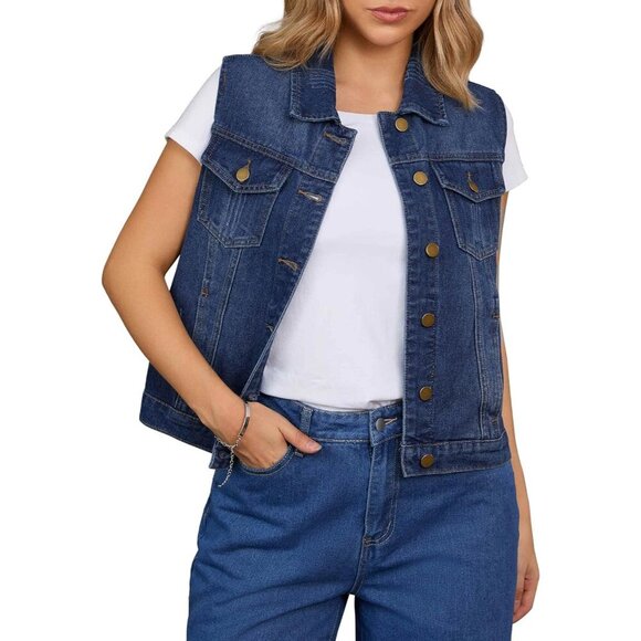 Women\'s Denim Vest Sleeveless Button Down Casual Jacket with Pockets